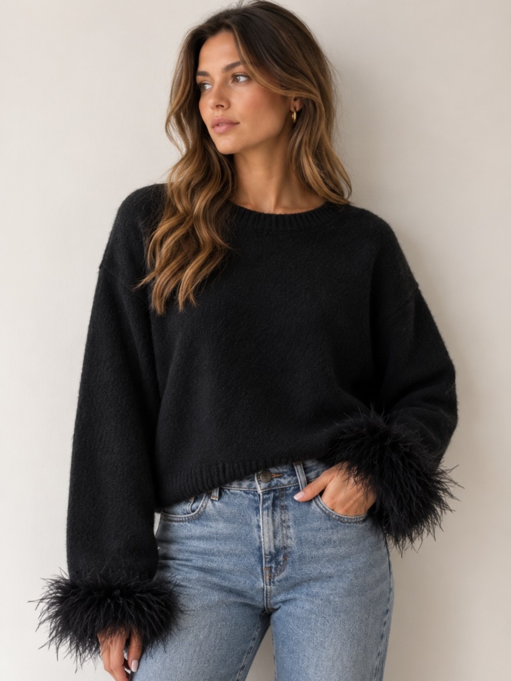 WAYF FEATHER TRIM KNIT